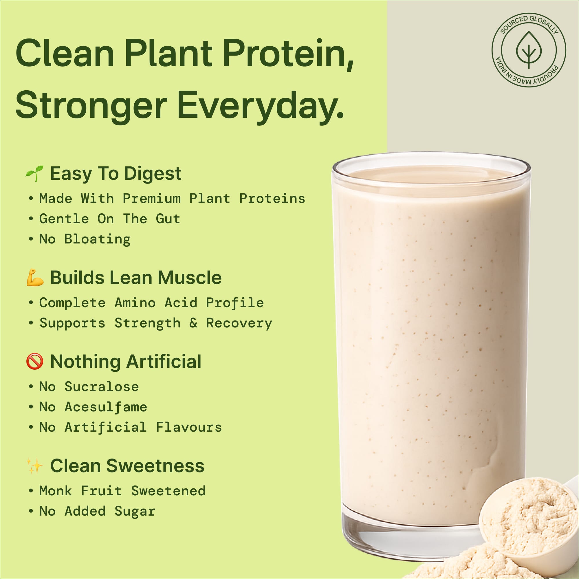 Glass of plant protein shake with green background and text highlighting benefits