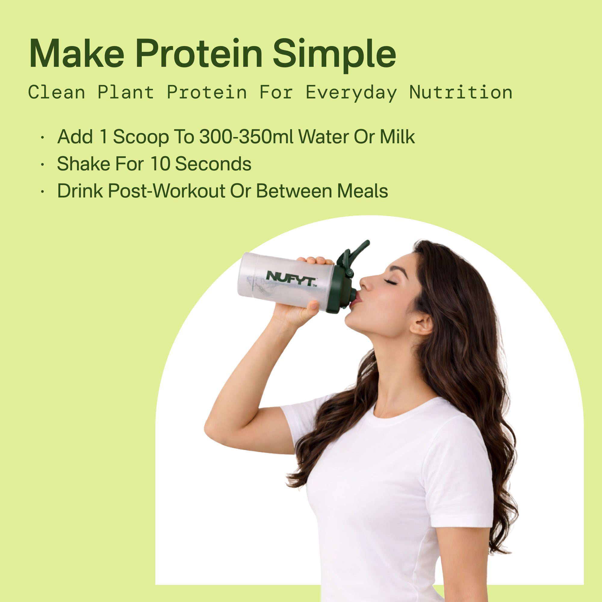 Woman drinking from a NUVIT protein shaker with text on a green background