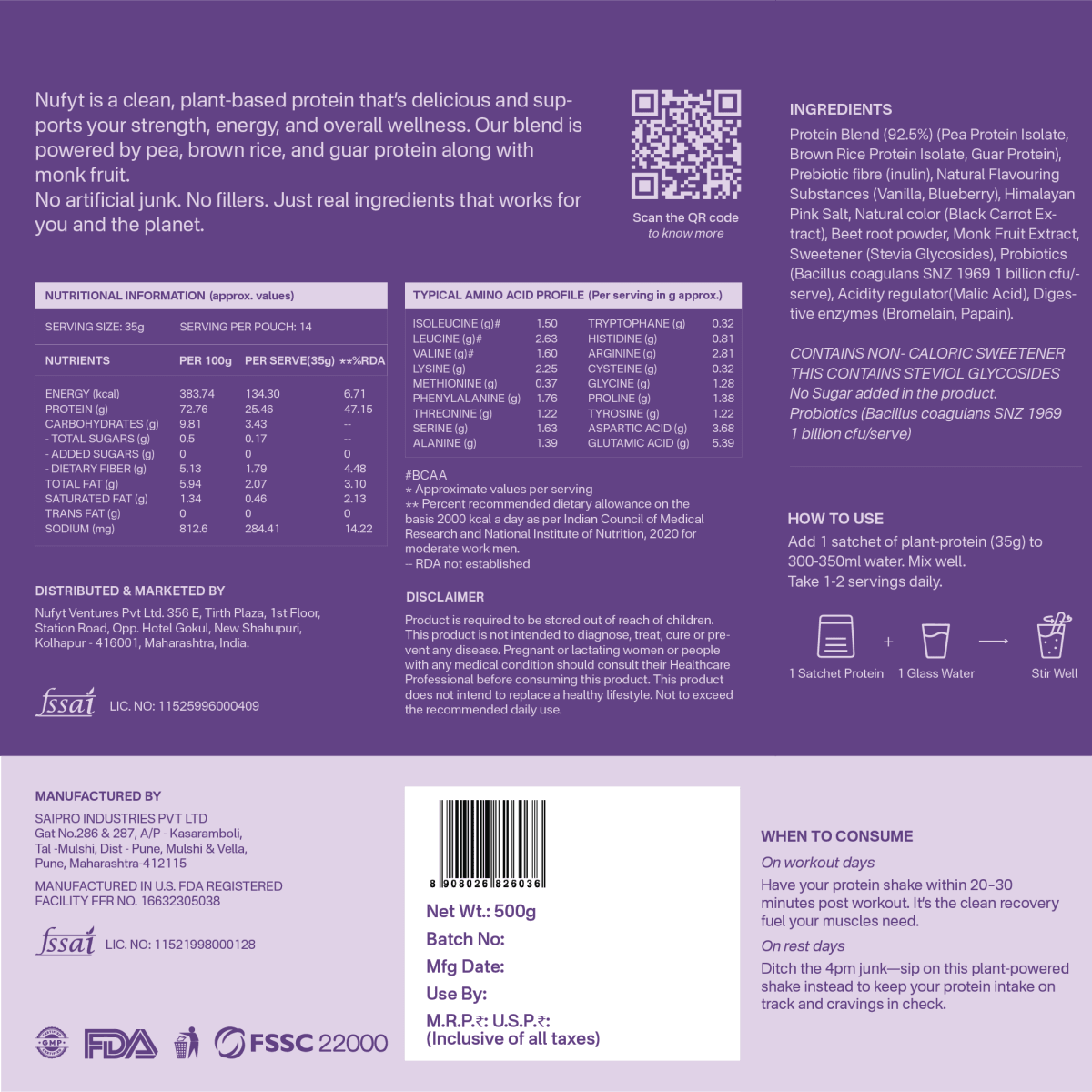 40793201049649 Back label of a protein supplement packaging with text, nutritional information, and QR code on a purple background.