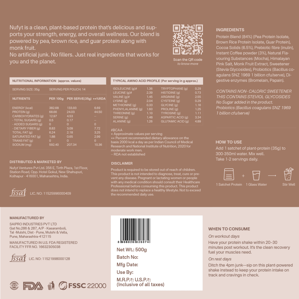 40738611658801 Back of a protein powder package with text, nutritional information, and QR code.