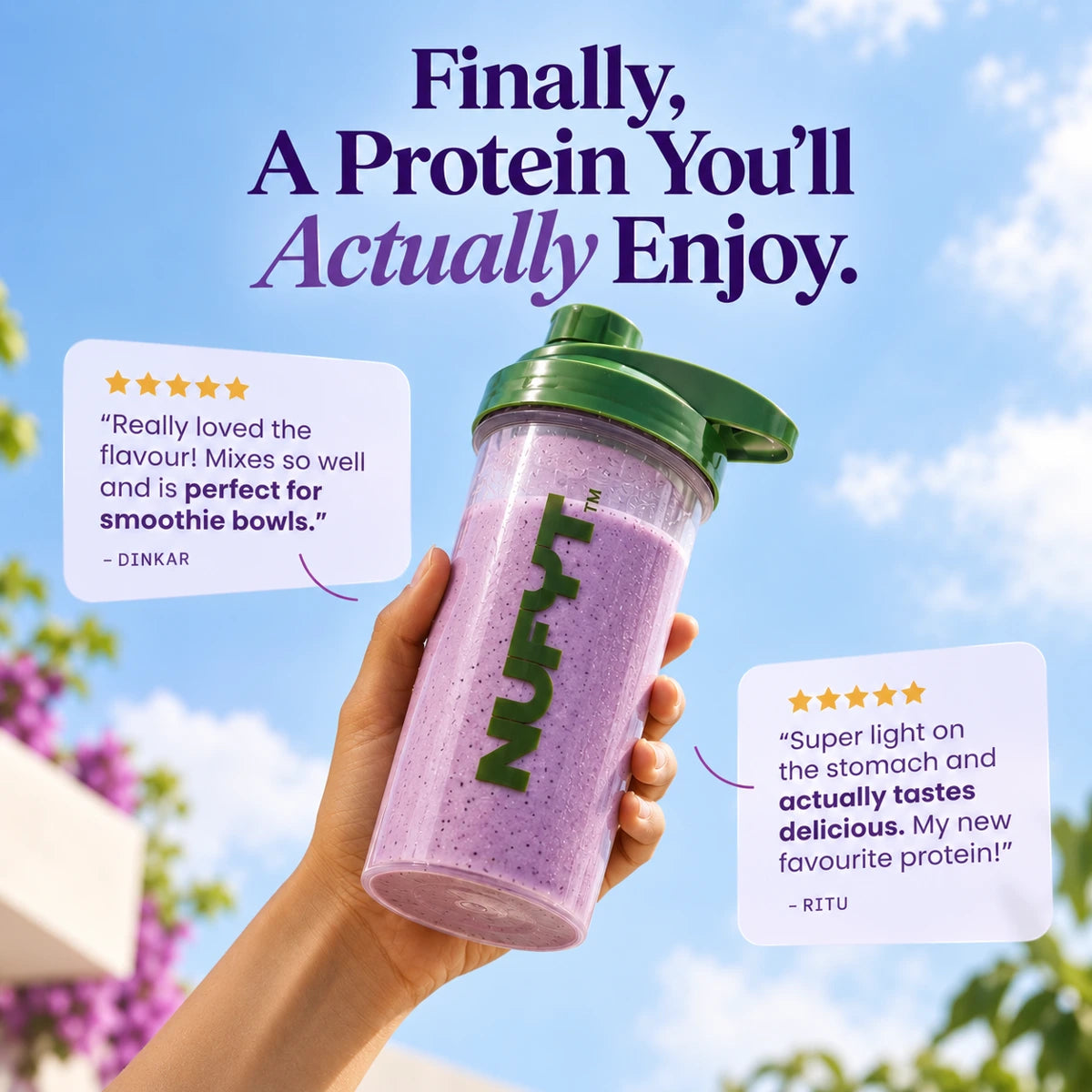 NUFYT Blueberry Bliss review artwork: Finally, a protein you’ll actually enjoy. Testimonials attributed to Dinkar and Ritu.