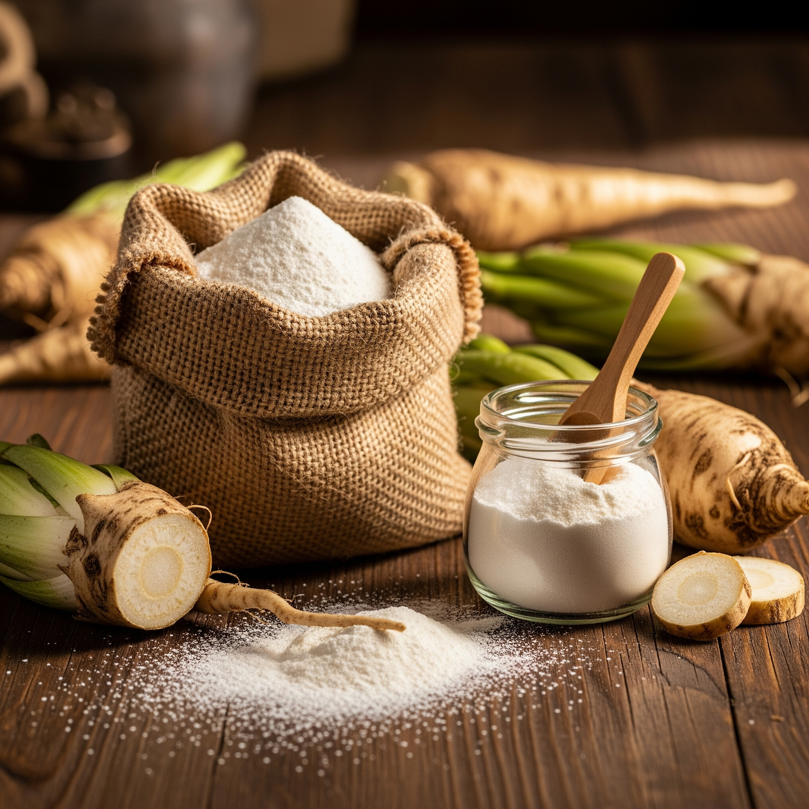 A burlap sack and a glass jar filled with white powdery flour are displayed on a wooden table, surrounded by sliced and whole yuca roots, with some flour spilled on the surface.
