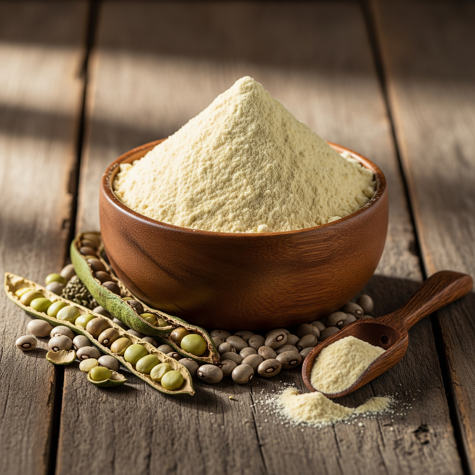 A wooden bowl filled with a mound of pale yellow bean flour sits on a rustic wooden table, surrounded by scattered beans, green pods, and a wooden spoon holding some flour.