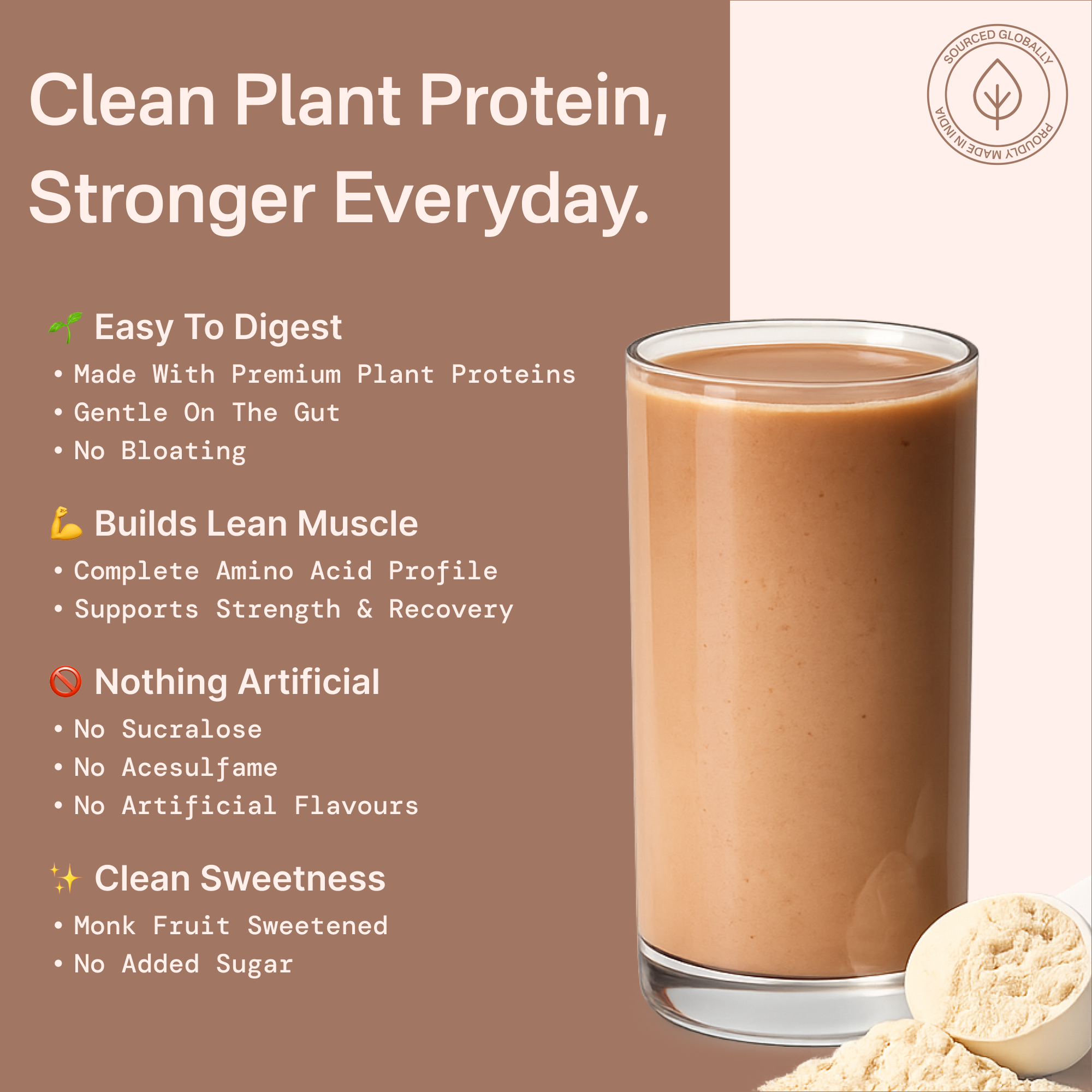 40738611658801 Glass of plant protein shake with ingredients on a brown background and text about benefits.