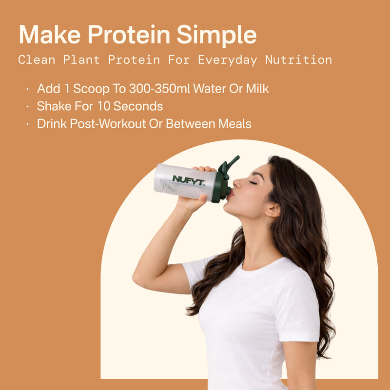 40738732539953  Woman drinking from a NUVIT protein shaker with text about protein consumption on a brown background