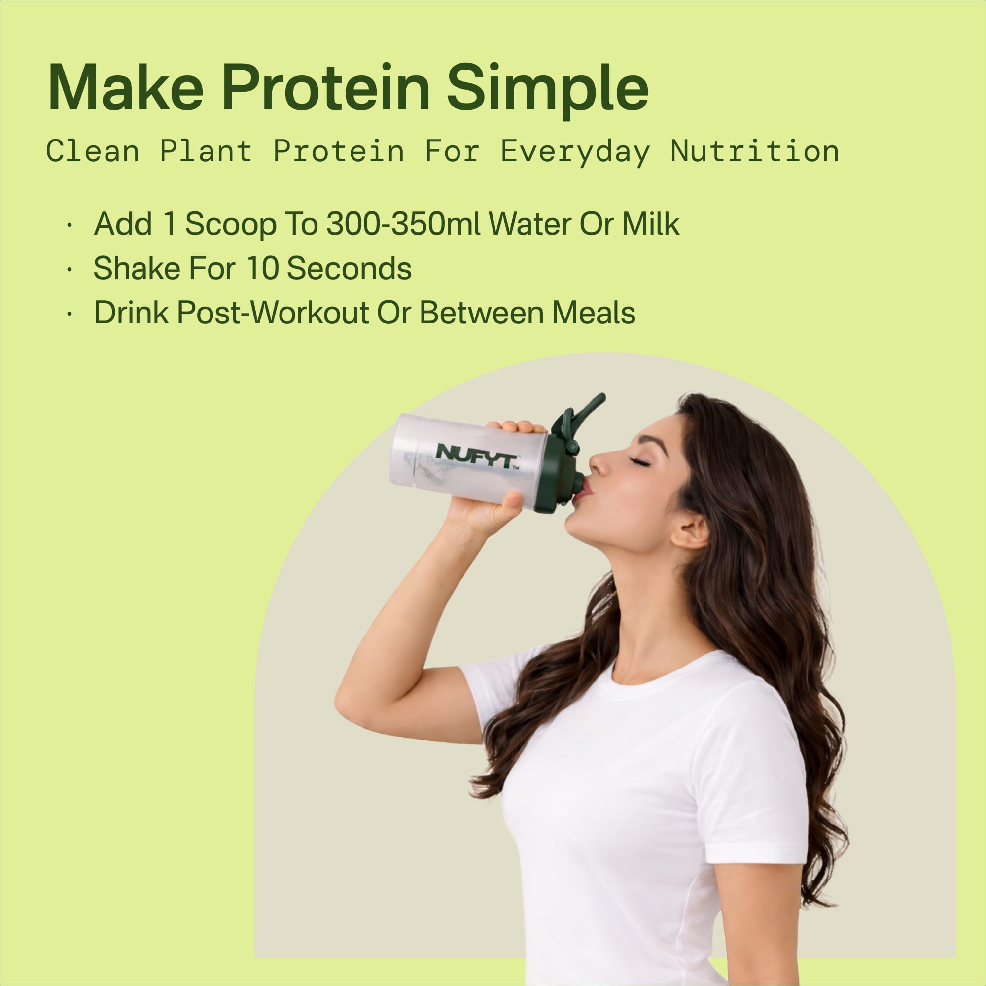 Woman drinking from a NUVIT protein shaker with text on a green background