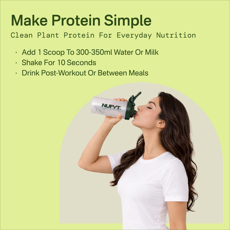 Woman drinking from a NUVIT protein shaker with text on a green background