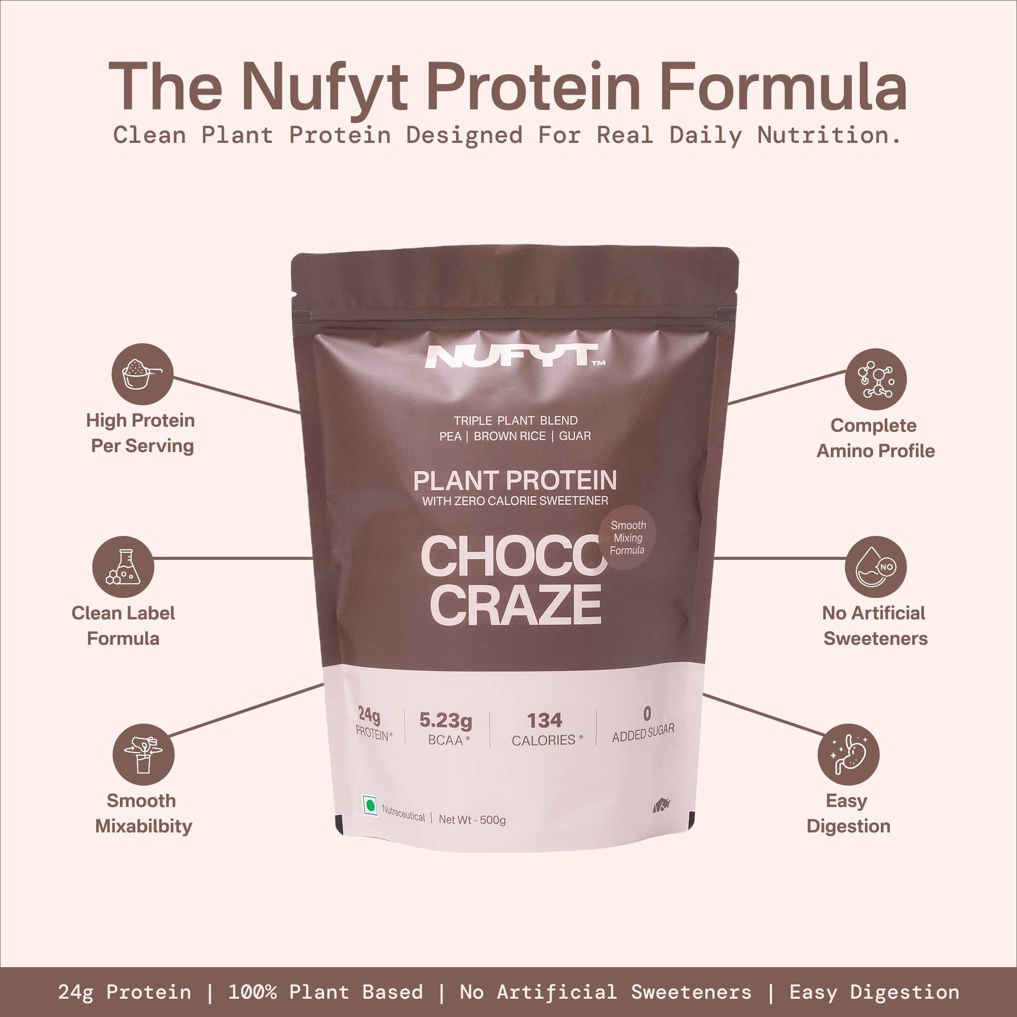 40738242232369  Nufyt Protein Formula packaging with features listed on a light brown background