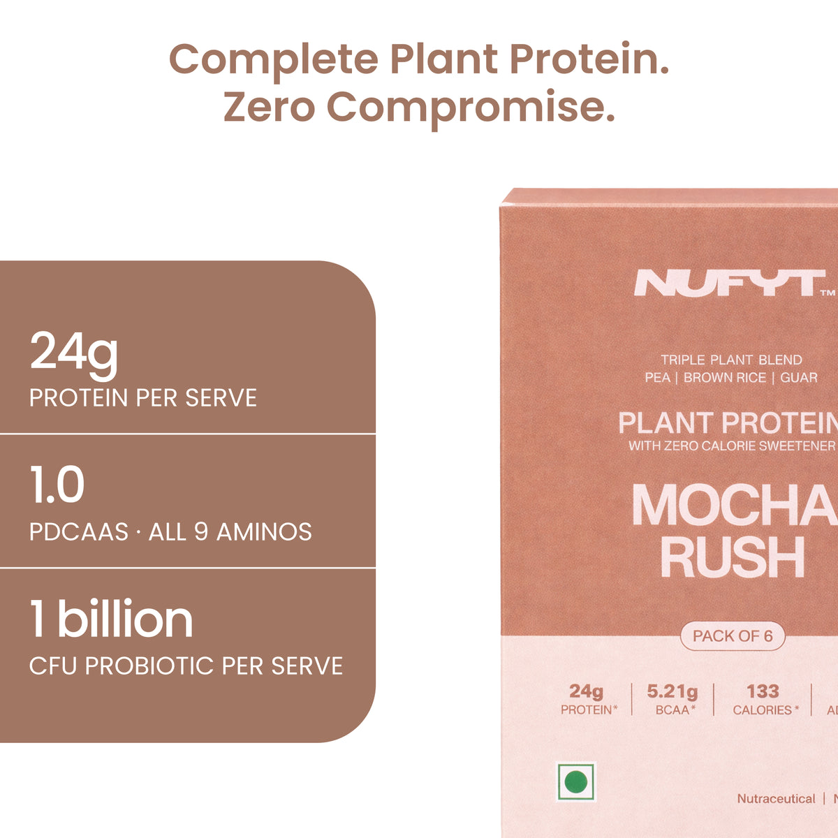 40738611691569 Nufyt Mocha Rush Plant Protein powder packaging shown on a white background with feature callouts. The box is dusty pink with white text, and the left side lists nutritional claims: 24g protein per serve, 1.
