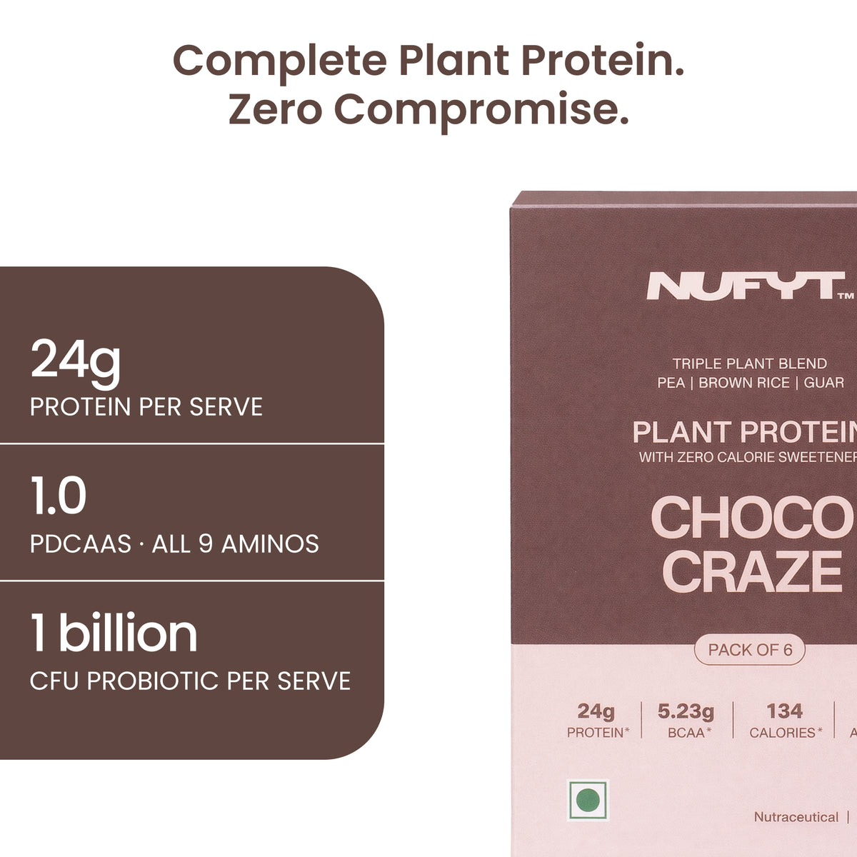 40738242265137 Nufyt Chococraze plant protein powder packaging shown on a white background with feature callouts. The box is dark brown with a pale pink lower section and white text.