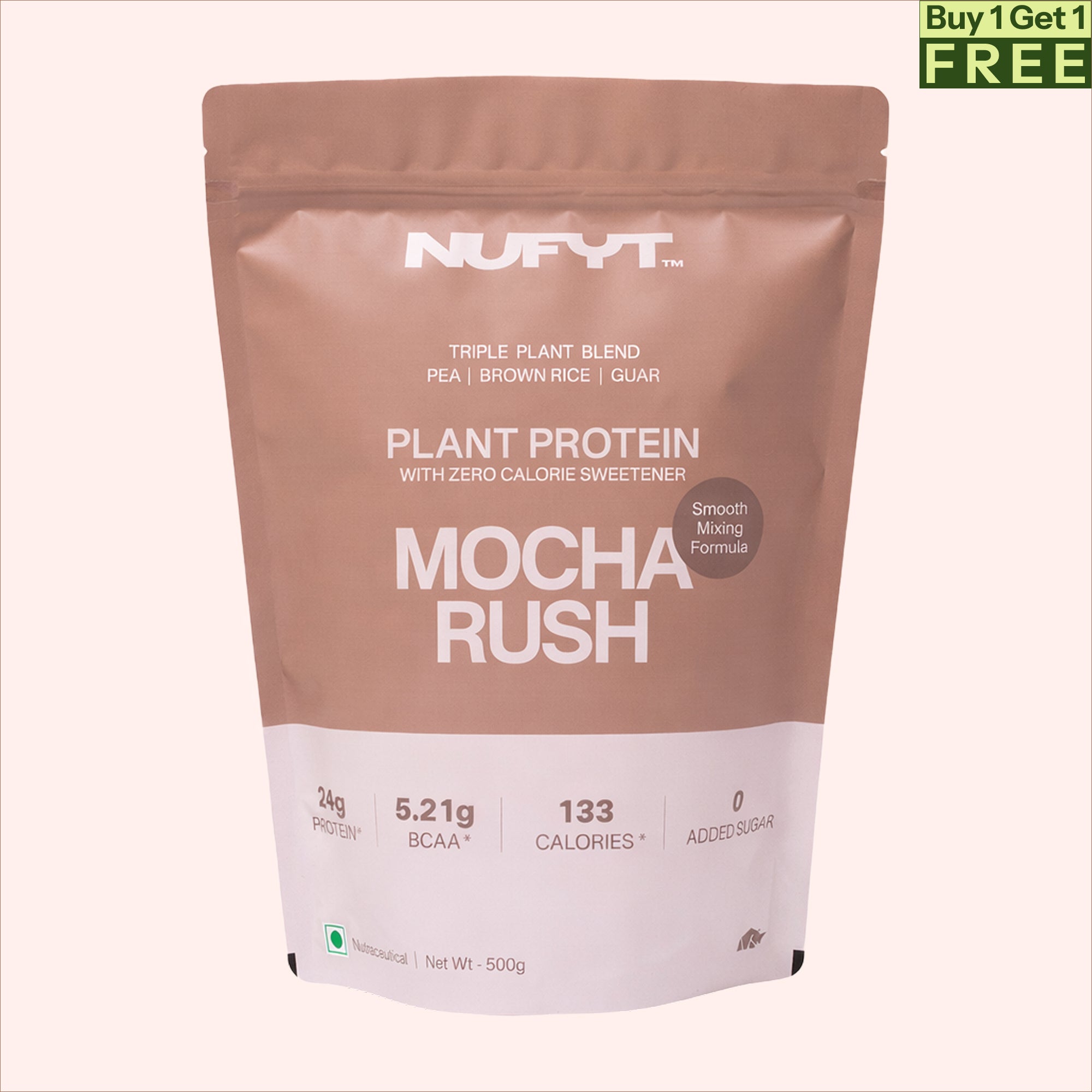 40738611658801  Nufyt Mocha Rush plant protein package on a white background Nufyt Plant Protein Mocha Rush powder in a 500g stand-up pouch, featuring a brown and white design on a pale pink background with a green 'Buy 1 Get 1 FREE' banner in the top right corner.