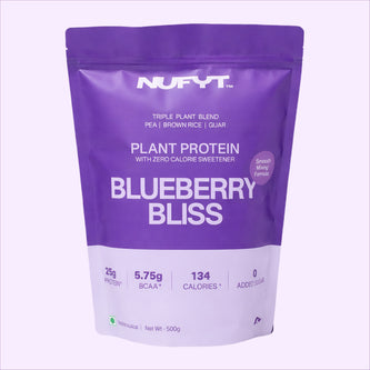 40793201049649 NUFYT Blueberry Bliss plant protein package with a smoothie and blueberries on a white background