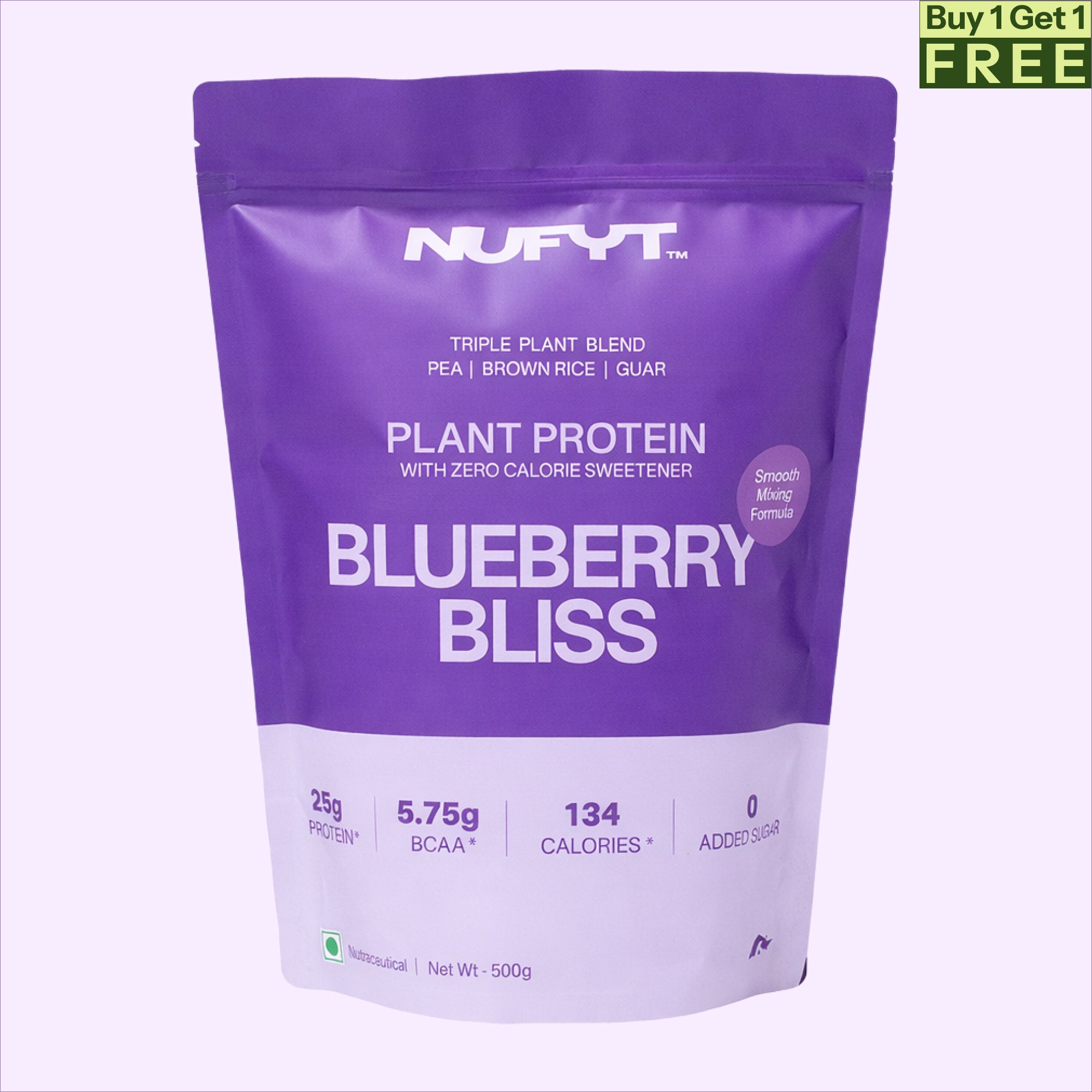 40793201049649 NUFYT Blueberry Bliss plant protein package with a smoothie and blueberries on a white background