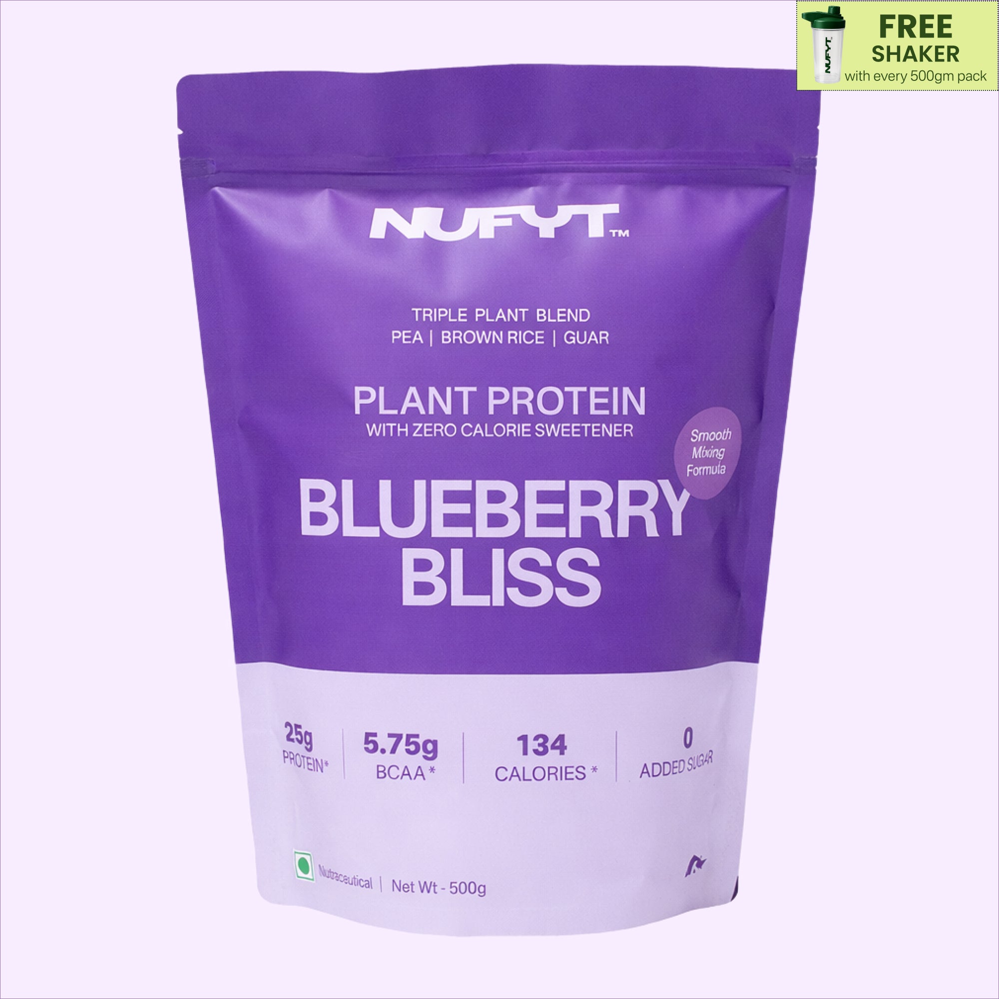 40793201049649 NUFYT Blueberry Bliss plant protein package with a smoothie and blueberries on a white background
