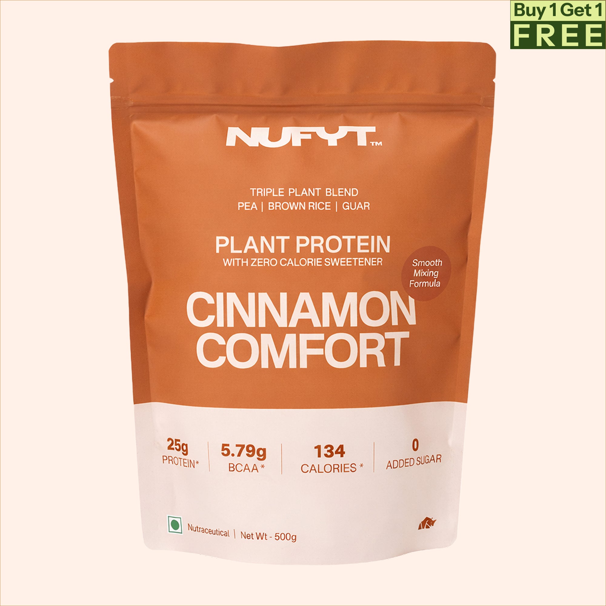 40738732539953 Nufyt Cinnamon Comfort plant protein package with a glass of protein shake, scoop, and cinnamon sticks on a beige background