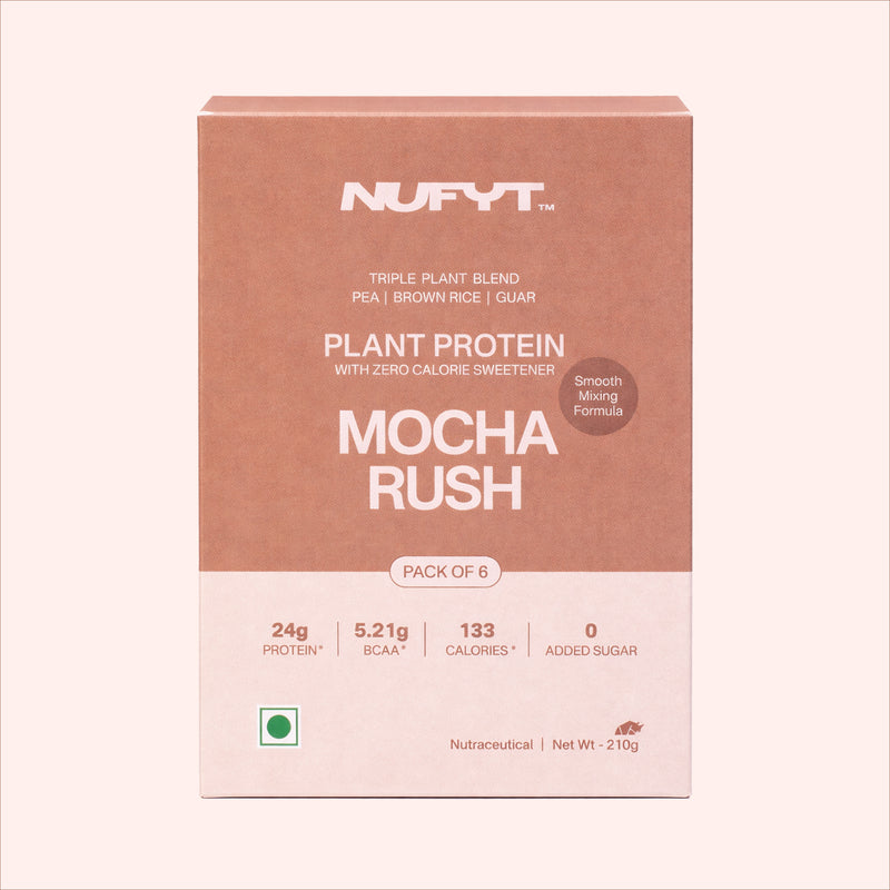 40738611691569 Nufyt Mocha Rush plant protein package on a light pink background