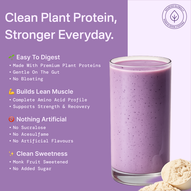 40793201082417  Glass of purple smoothie with plant protein powder on a purple background, featuring text about the benefits of the product.