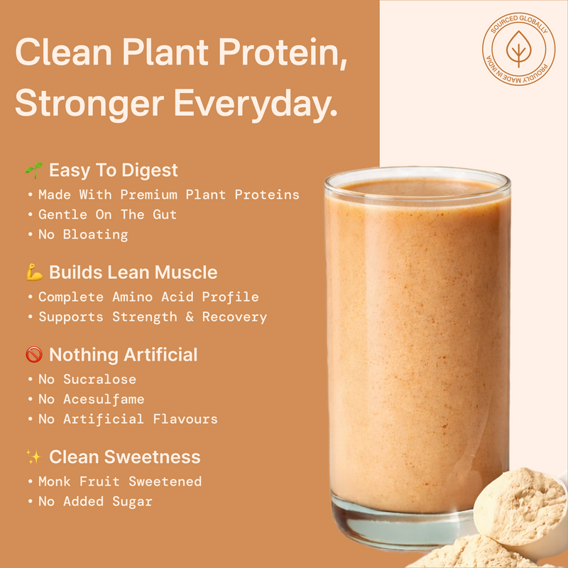 40738732572721  Glass of plant protein shake with ingredients on a brown background