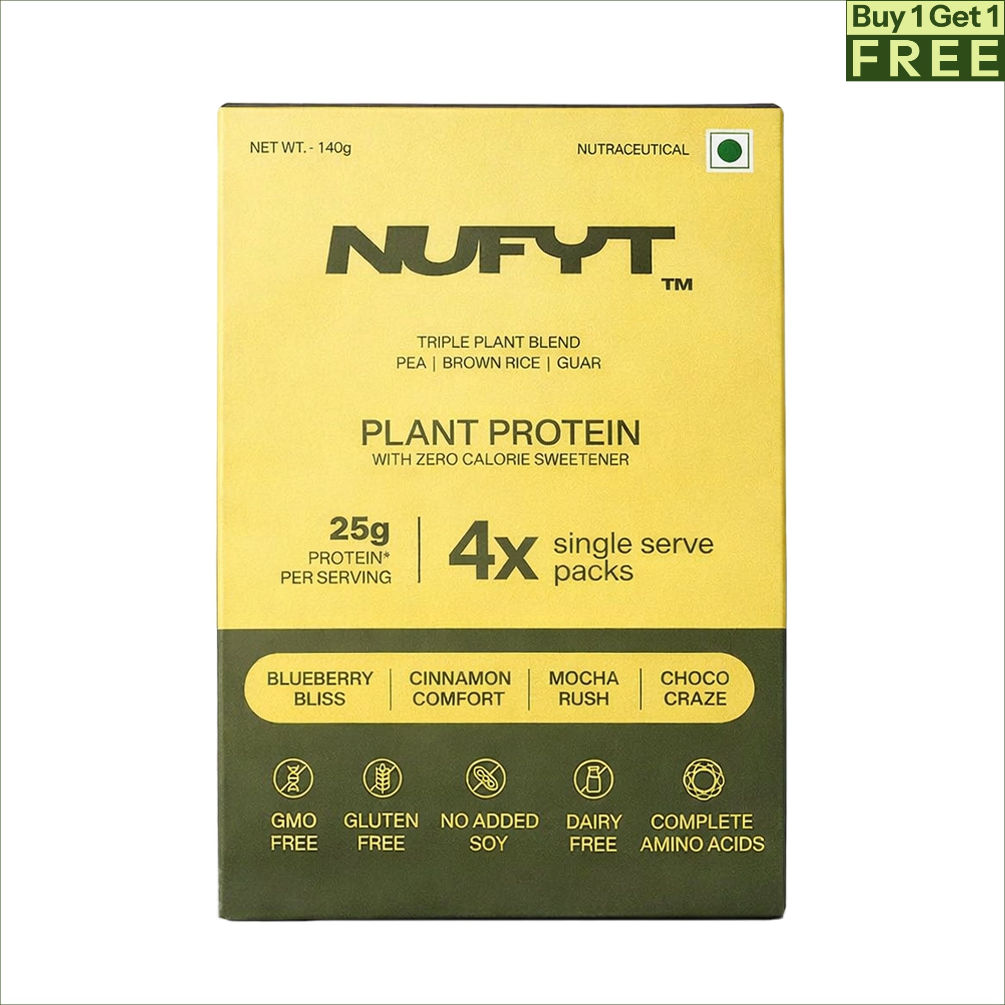 Nufyt plant protein packaging with yellow and green design 