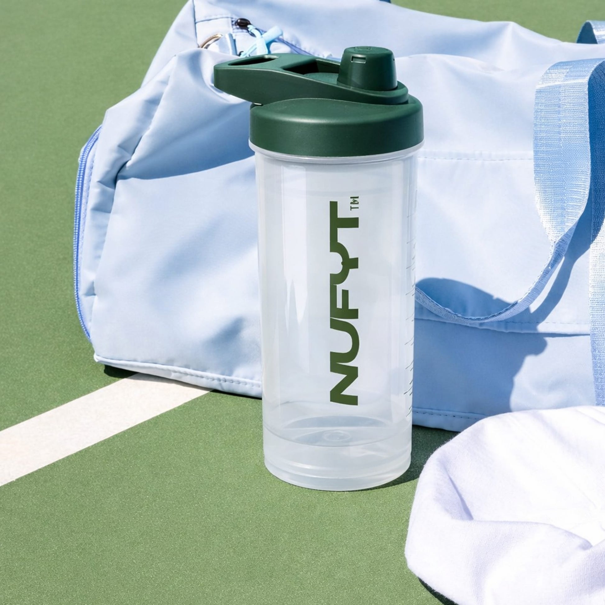 NUFYT BPA-free shaker bottle with a durable design, featuring a leak-proof lid and mixing ball for smooth beverages.