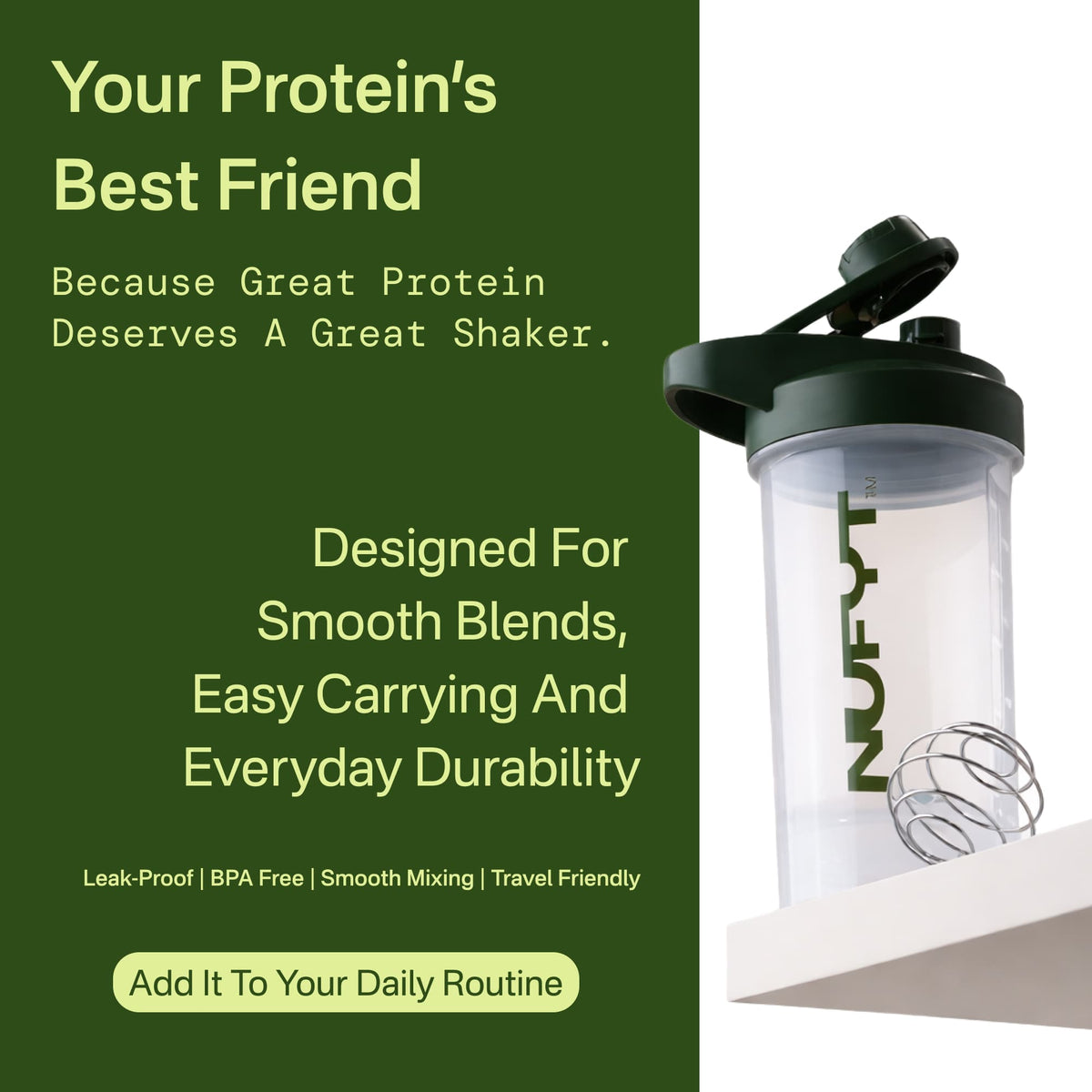 NUFYT durable BPA-free shaker bottle with leak-proof lid and ergonomic design for fitness and protein shakes.