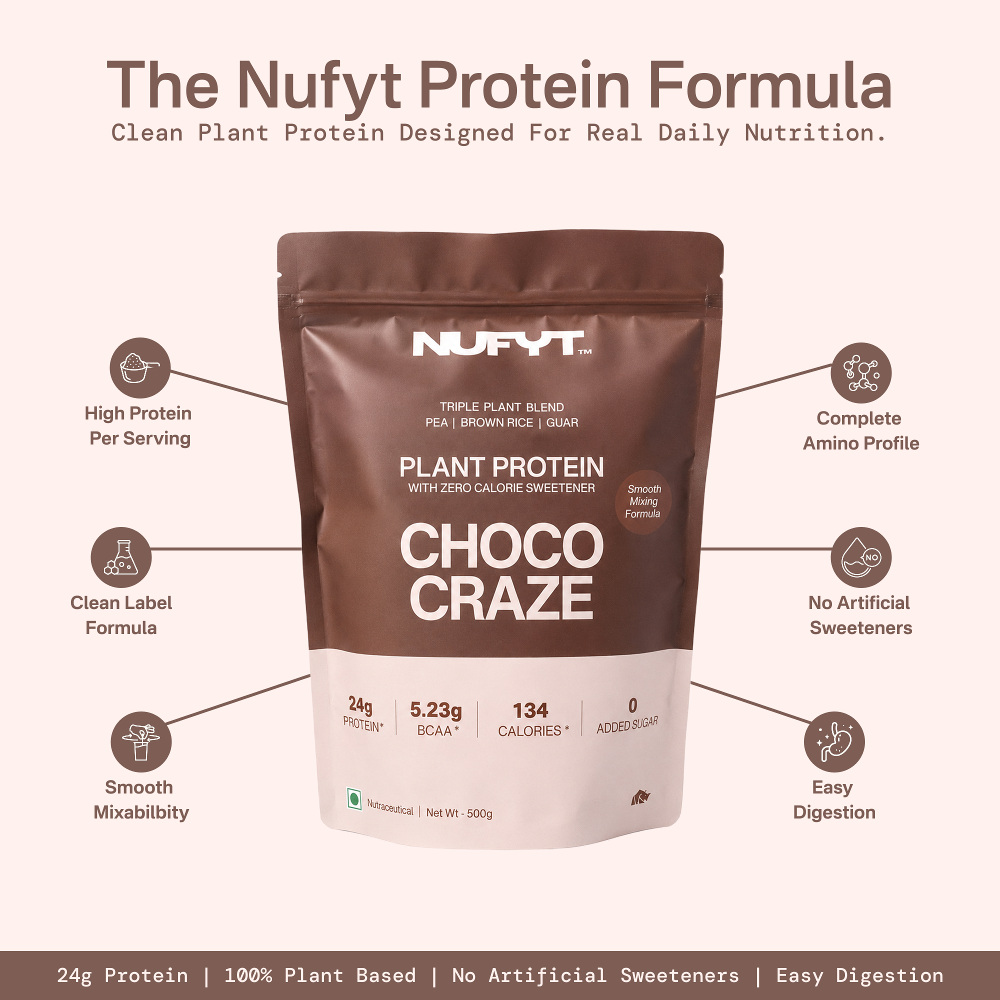 40738242232369  Nufyt Protein Formula packaging with features listed on a light brown background