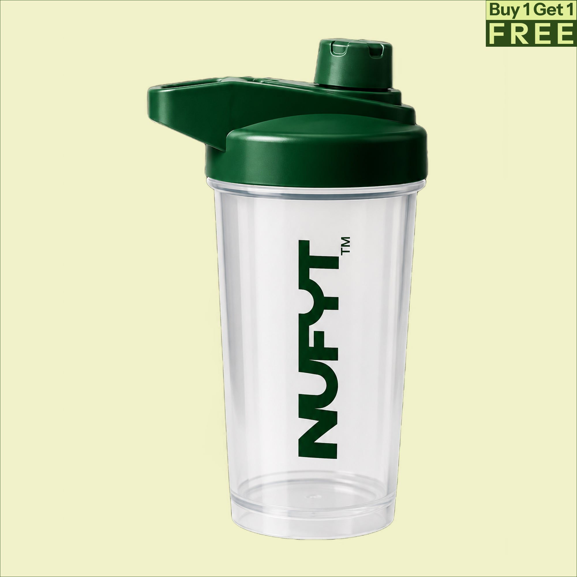 Durable BPA-free NUFYT shaker bottle with a leak-proof lid, ideal for protein drinks and smoothies.