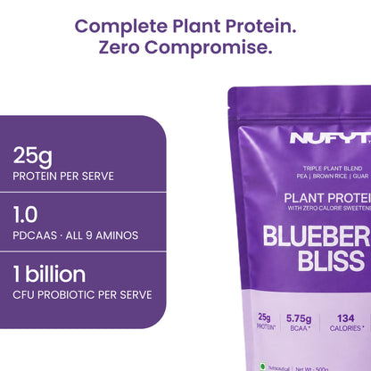 40793201049649 Nufyt Blueberry Bliss plant protein powder pouch in purple packaging, shown next to a purple informational callout listing protein, amino acids, and probiotic claims on a white background.