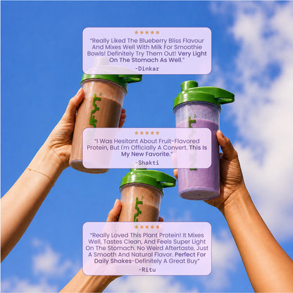 40793201049649 Three hands hold up three protein shake cups with green lids against a blue sky background, each with a customer review card overlaid on the front.