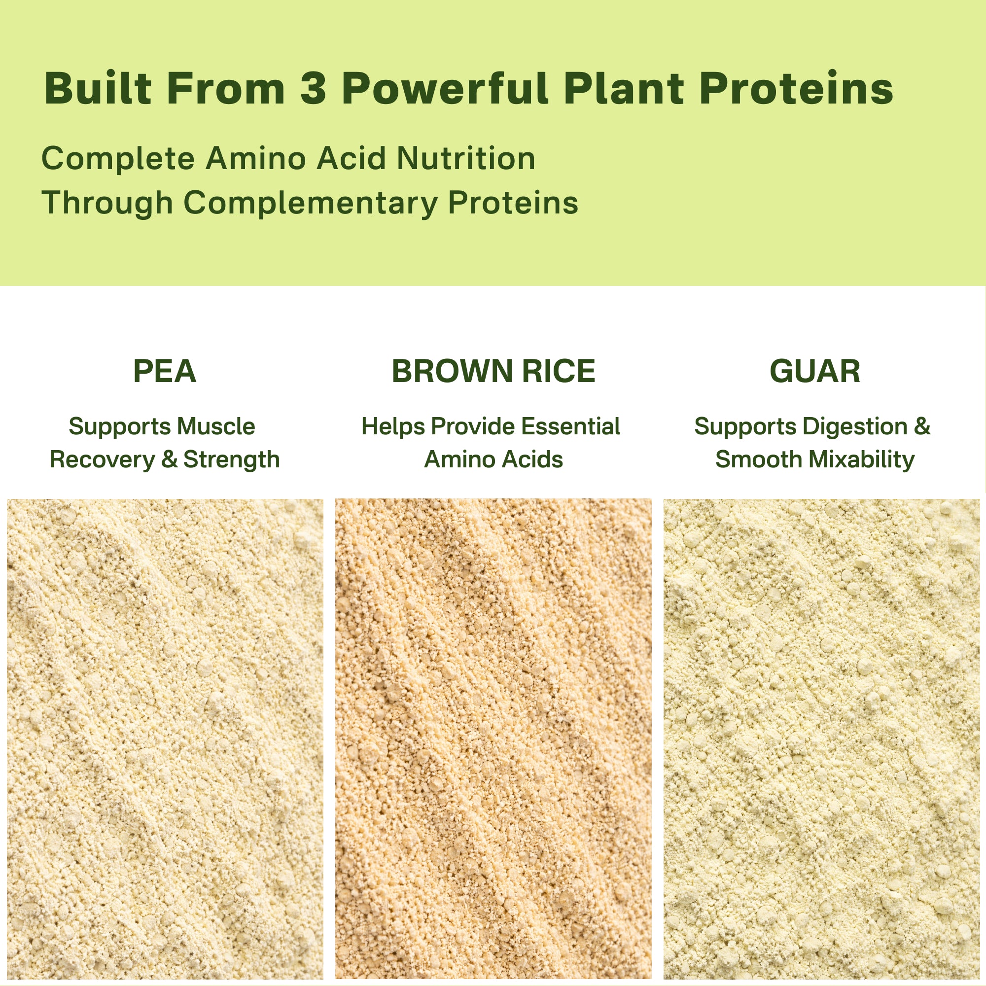 An informational graphic showing three panels of powder ingredients labeled PEA, Brown Rice, and Guar, with text at the top stating 'Built From 3 Powerful Plant Proteins' and describing amino acid nutrition.