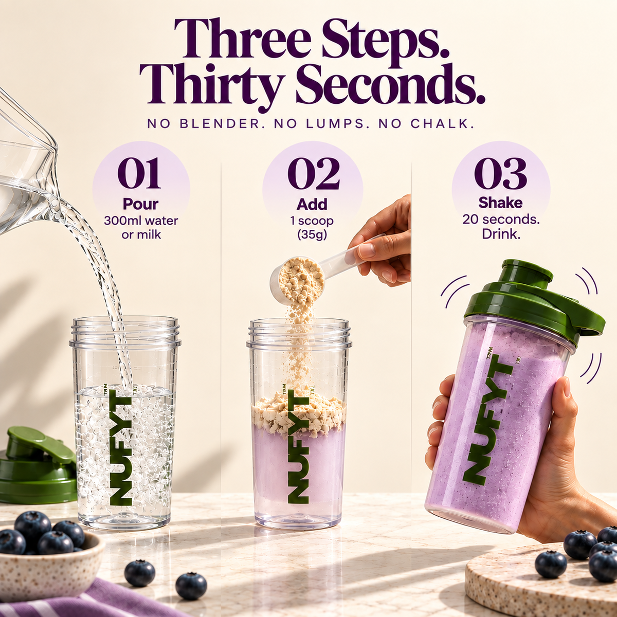 40793201049649 An infographic with a purple header reading 'Three Steps. Thirty Seconds.