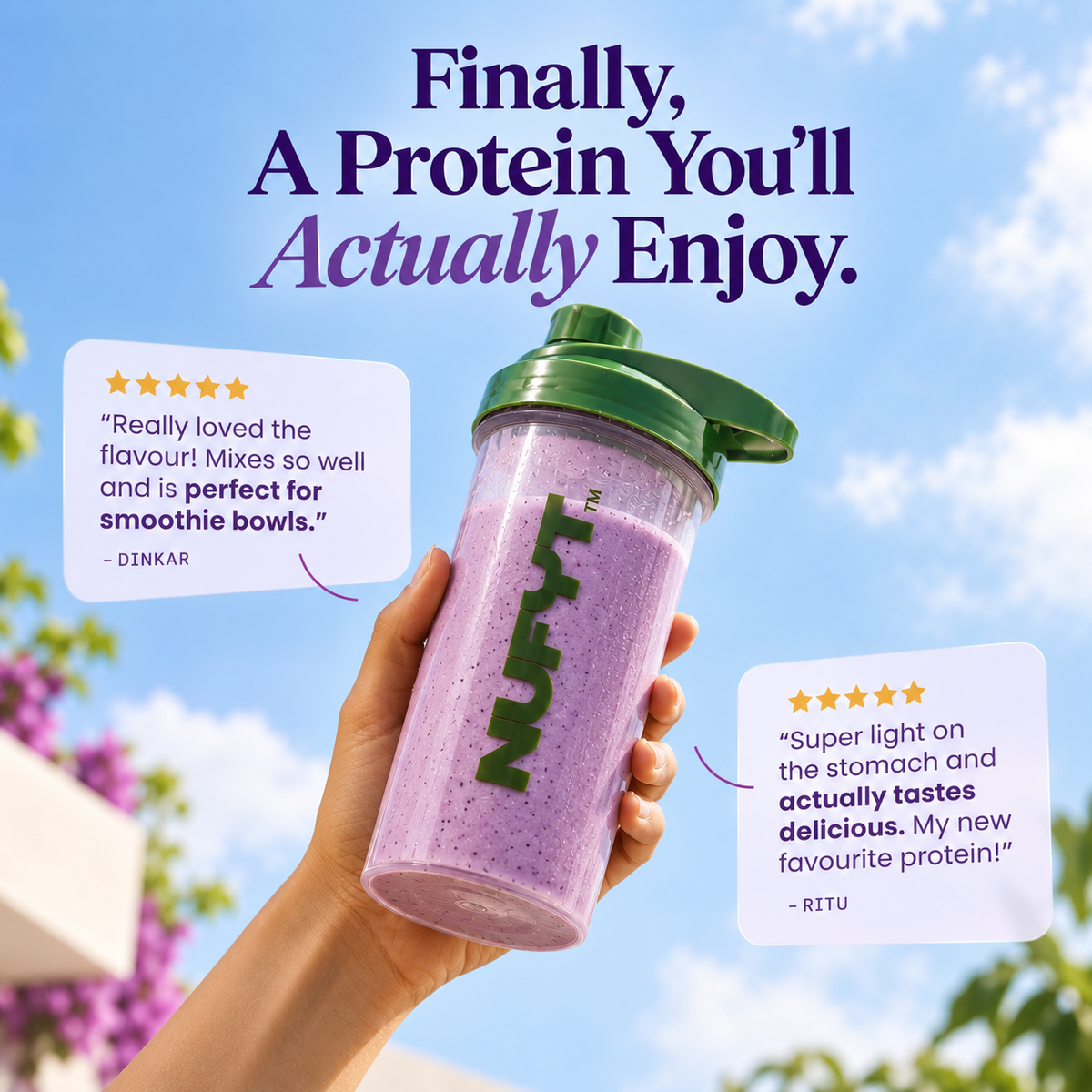 40793201049649 one hand hold up protein shake with green lids against a blue sky background, each with a customer review card overlaid on the front.