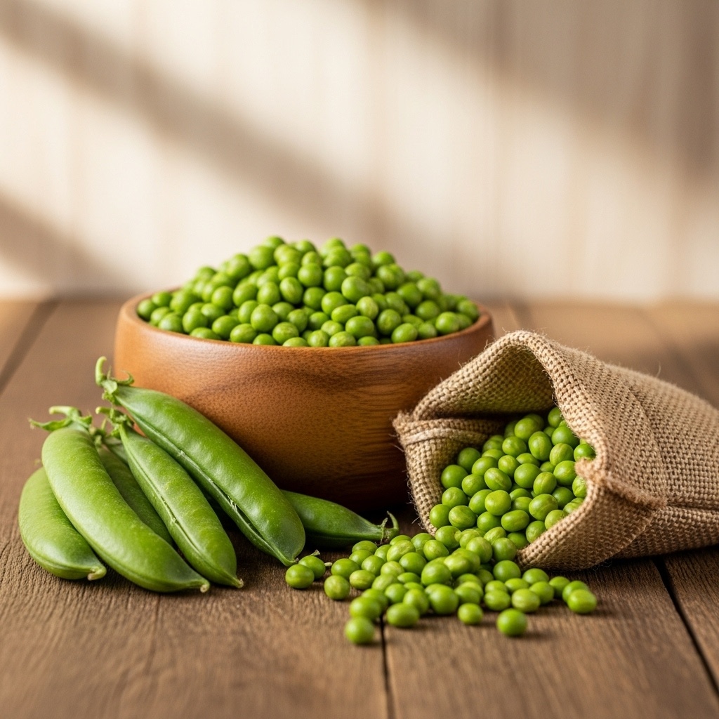 A wooden bowl filled with green peas sits on a wooden surface next to a burlap sack spilling more peas. Several pea pods are placed alongside the bowl and sack, with a softly lit, neutral background.