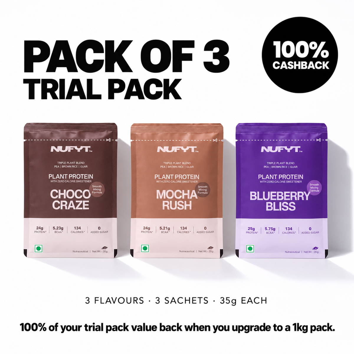 NUFYT Protein Trial Pack with Choco Craze, Mocha Rush and Blueberry Bliss sachets