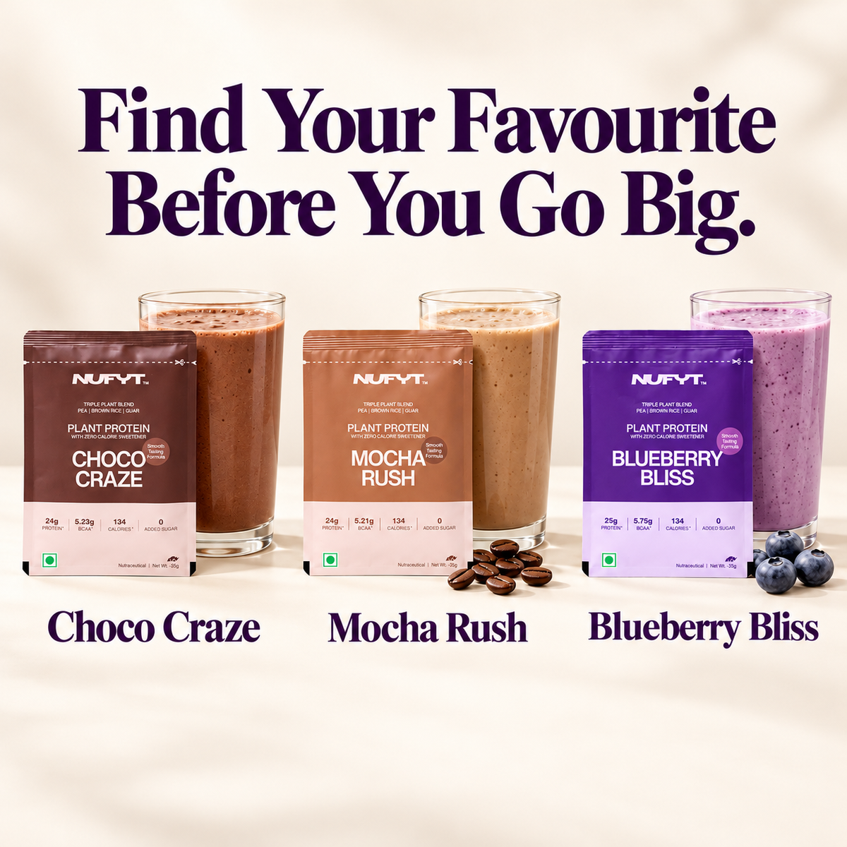 NUFYT protein shakes in Chocolate, Mocha and Blueberry flavours from the trial pack sachets