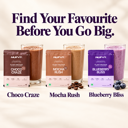NUFYT protein shakes in Chocolate, Mocha and Blueberry flavours from the trial pack sachets
