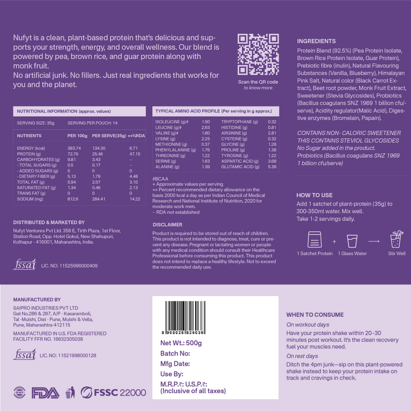 40793201049649  Back label of a protein supplement packaging with text, nutritional information, and QR code on a purple background.
