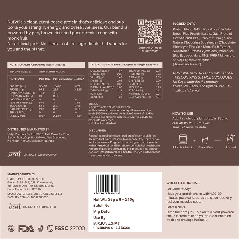 40738242265137 Back of a protein supplement package with text, nutritional information, and QR code.