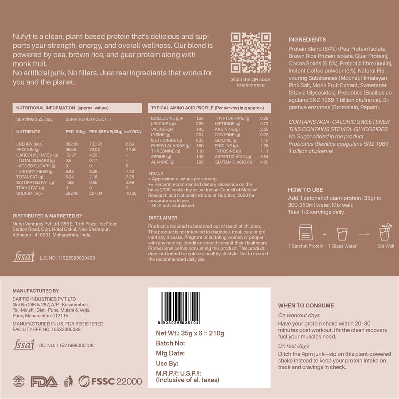 40738611691569 Back of a protein powder package with text, nutritional information, and QR code.