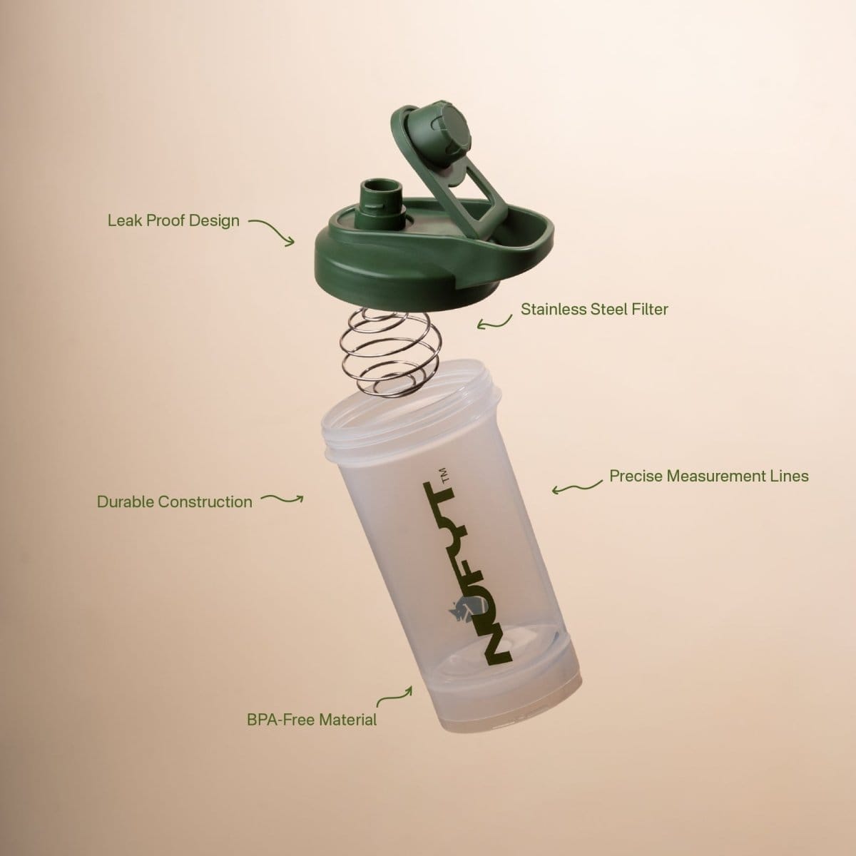NUFYT shaker bottle anatomy: leak-proof lid, steel filter, and BPA-free body. durable gym shaker for protein shakes.