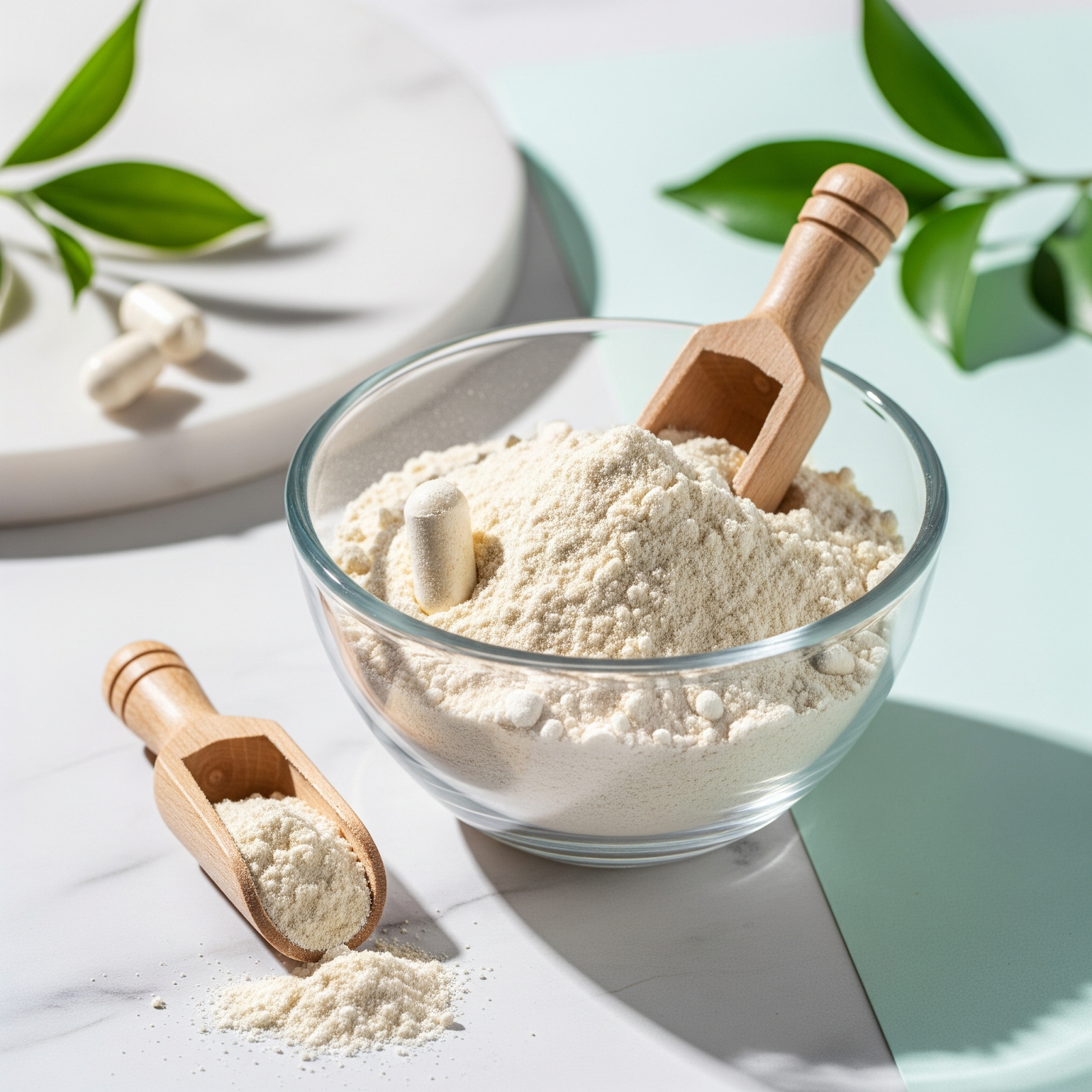 A bowl of powder and a spoon with a green leaf on a white background, suggesting a natural or herbal ingredient.