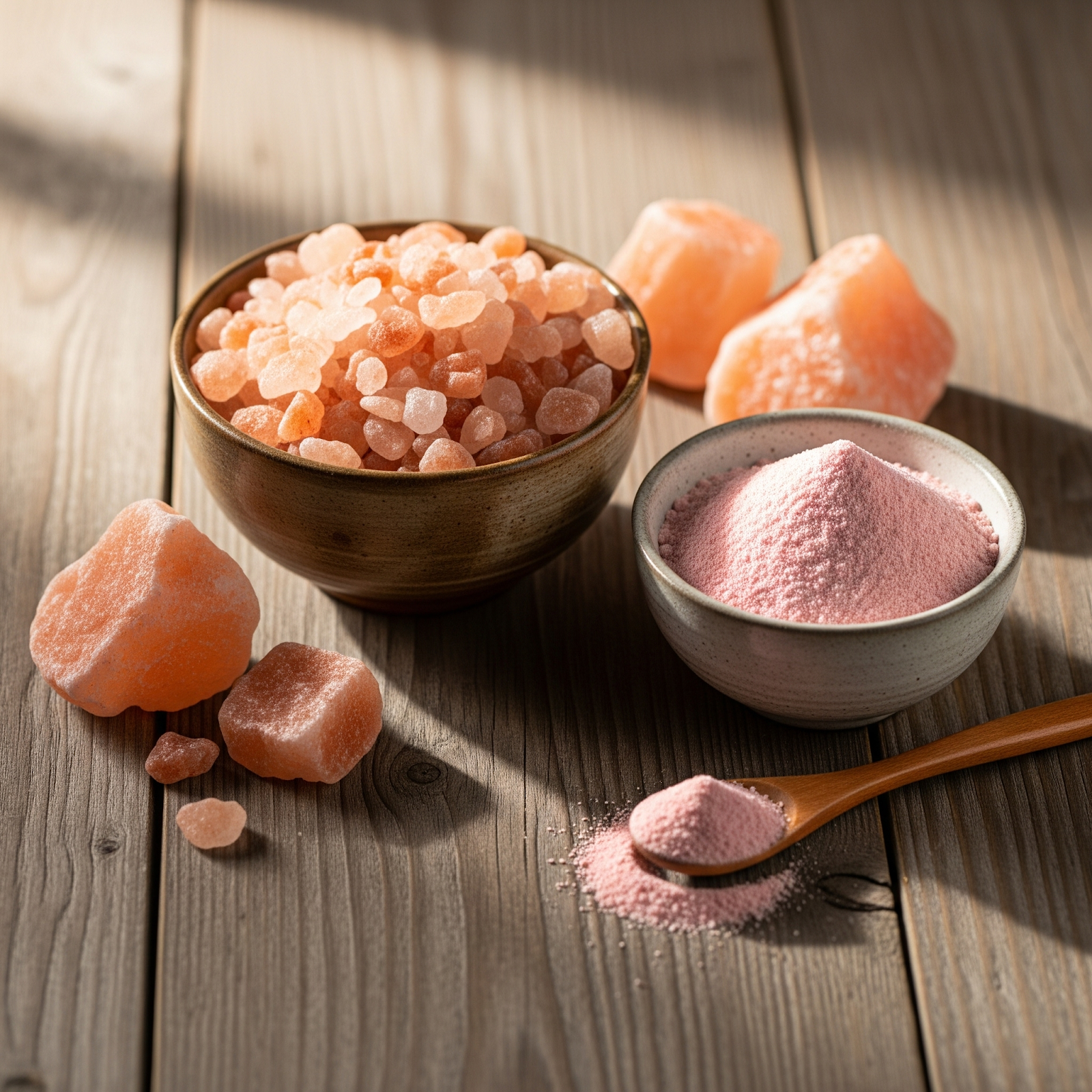 Bowls of pink Himalayan salt, one with coarse crystals and the other with fine powder, are displayed on a wooden table alongside chunks of salt and a wooden spoon holding pink salt. Sunlight casts soft shadows.