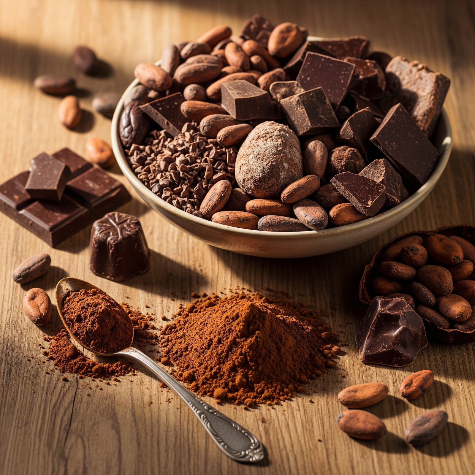 A bowl filled with cocoa beans, chocolate chunks, and chocolate pieces sits on a wooden table. Nearby are spoons and small piles of cocoa powder and more cocoa beans, all lit by natural light.
