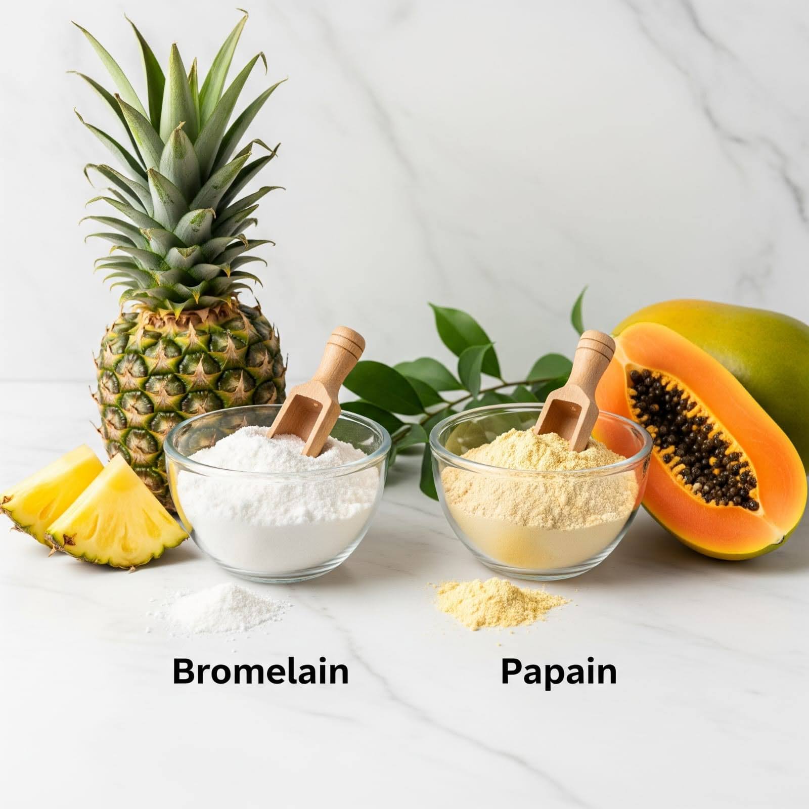 Visual representation comparing bromelain and papain, detailing their functions and effectiveness in various contexts.