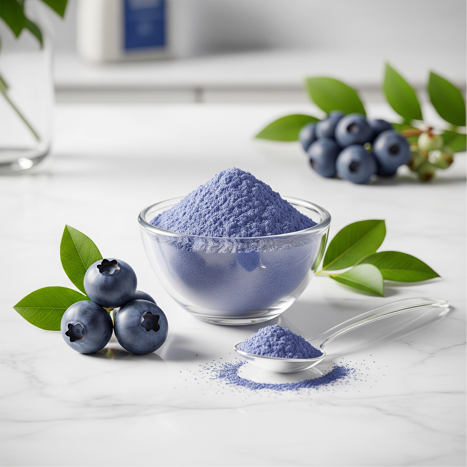 A glass bowl filled with blue powder sits on a marble surface, next to fresh blueberries, green leaves, and a clear spoon holding more powder. The scene is bright and minimalist.