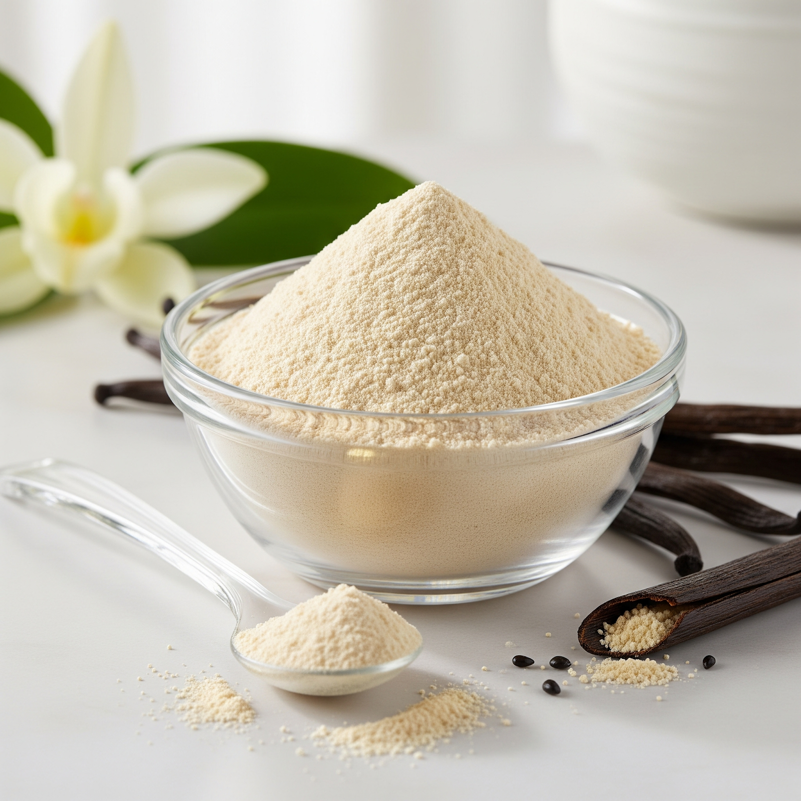 Vanilla extract powder in a glass bowl surrounded by vanilla pods and beans, showcasing natural flavor ingredients.